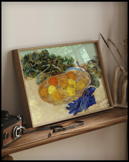 Still Life of Oranges and Lemons with Blue Gloves