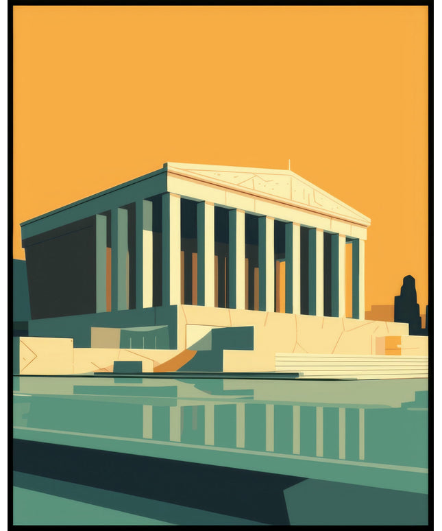 Ein Poster von einer stilisierten Darstellung der Akropolis von Athen mit einem gelben Himmel im Hintergrund.