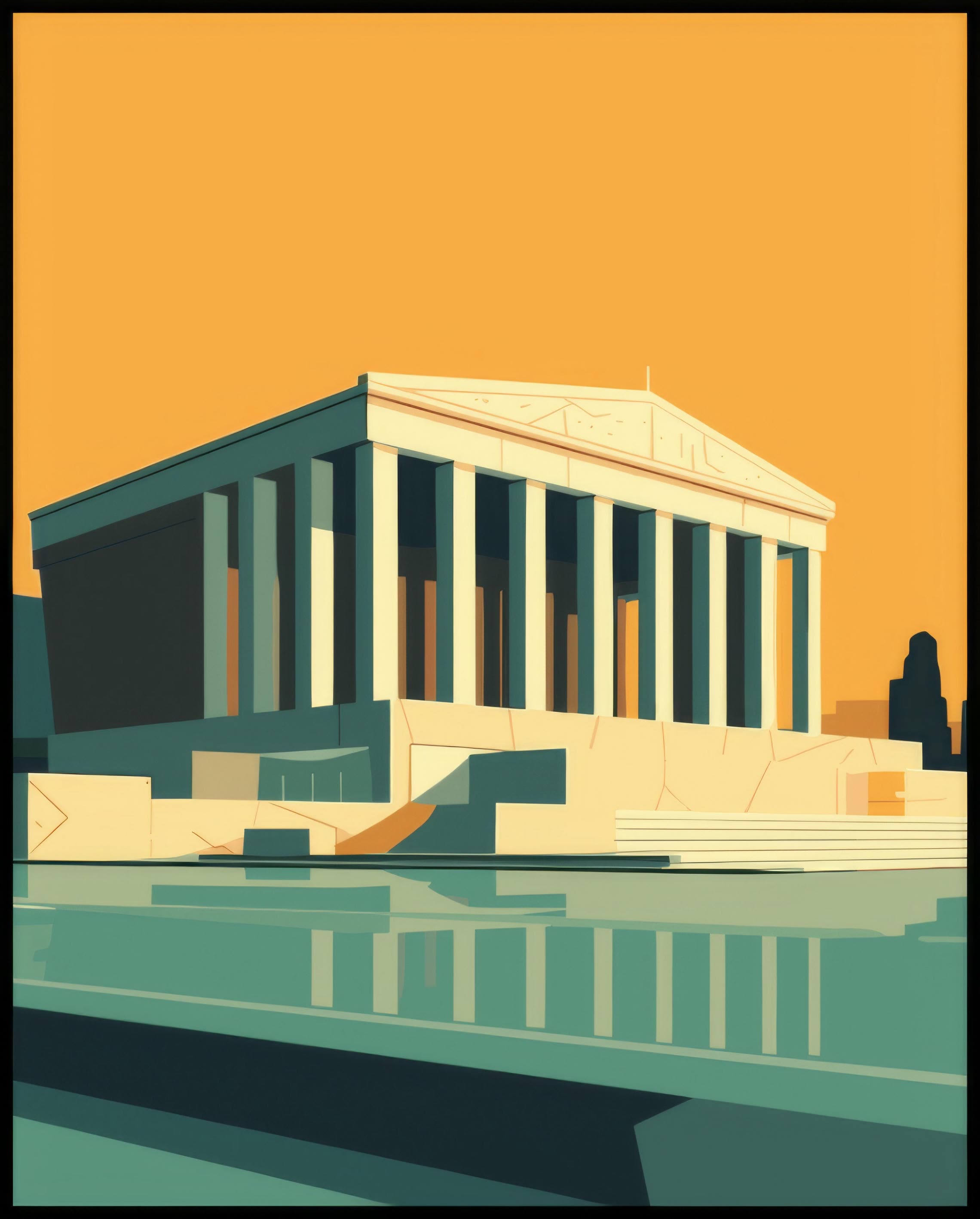 Ein Poster von einer stilisierten Darstellung der Akropolis von Athen mit einem gelben Himmel im Hintergrund.