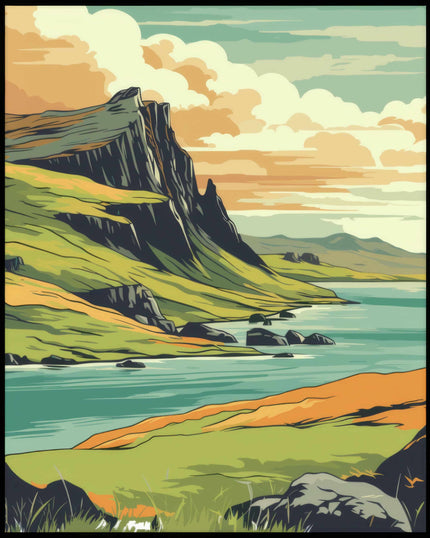 Ein Poster von einer idyllischen Küstenlandschaft auf der Isle of Skye, mit grünen Klippen und dem blauen Meer.