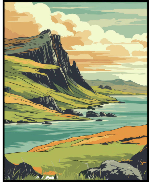 Ein Poster von einer idyllischen Küstenlandschaft auf der Isle of Skye, mit grünen Klippen und dem blauen Meer.