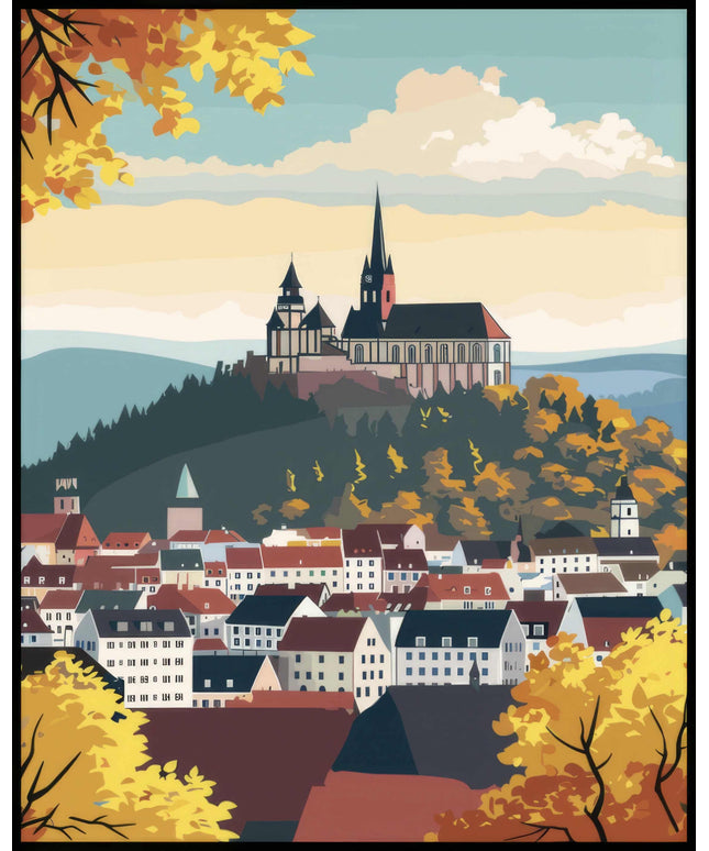 Ein Poster von der malerischen Stadt Marburg, mit der Elisabethkirche und den farbenfrohen Häusern im Herbst.