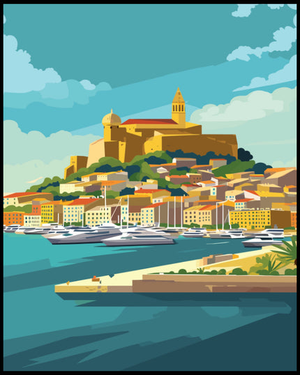 Ein Poster von einer malerischen Stadtansicht mit bunten Gebäuden und einer Festung im Hintergrund, die an einem Hafen liegt.