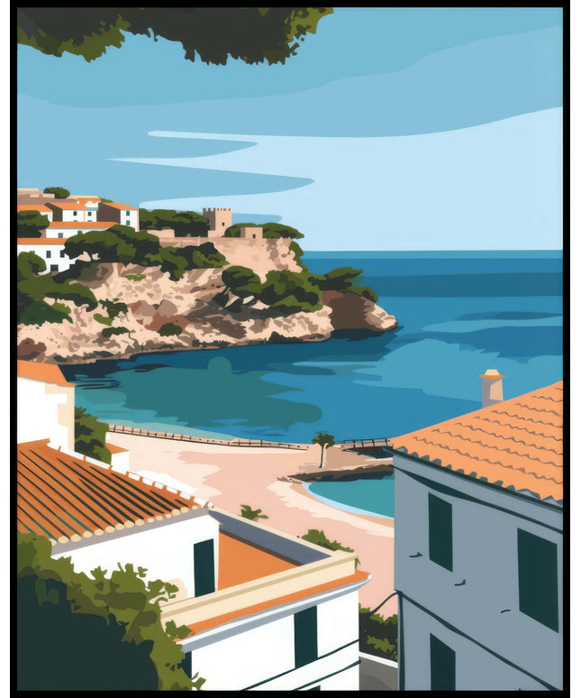 Ein Poster von Menorca, das eine wunderschöne Küstenlandschaft mit weißen Gebäuden und blauem Meer zeigt.