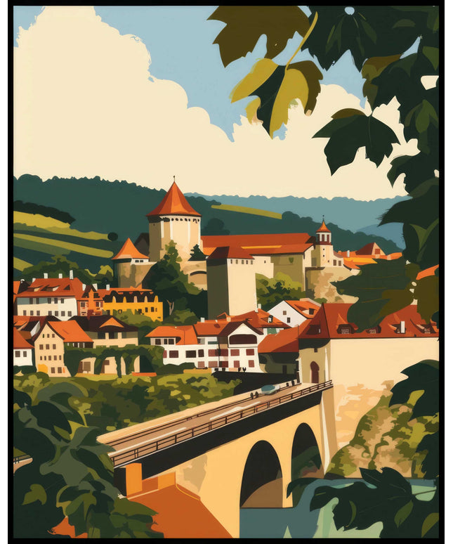 Ein Poster von einer malerischen Ansicht der Stadt Oberpfalz, mit traditionellen Gebäuden und einer Brücke im Vordergrund.