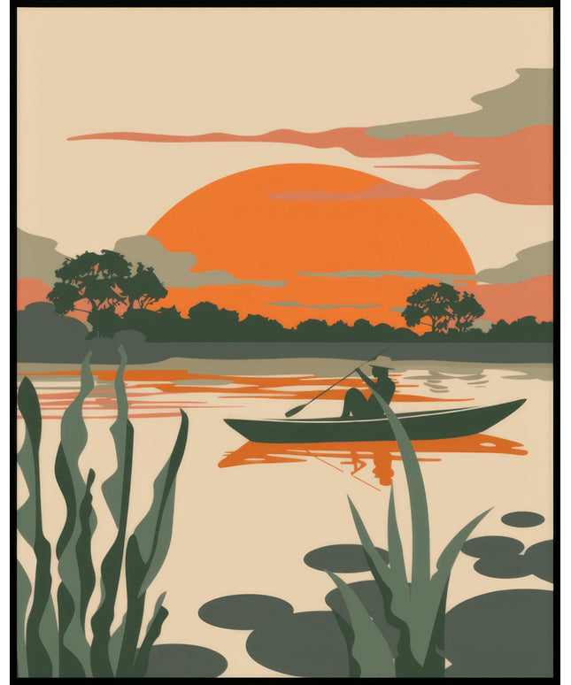 Ein Poster zeigt eine ruhige Szene mit einem Kanu auf einem Fluss, während die Sonne am Horizont untergeht.