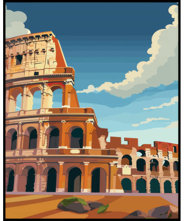 Ein Poster von Rom zeigt das Kolosseum unter einem strahlend blauen Himmel.