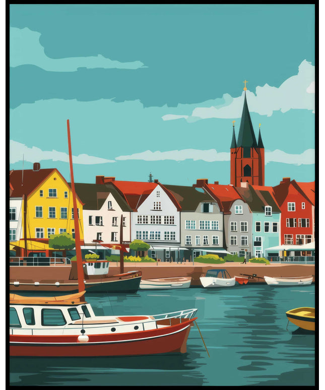 Ein Poster von Rostock zeigt bunte Häuser und Boote im Hafen vor dem Hintergrund einer Kirche.