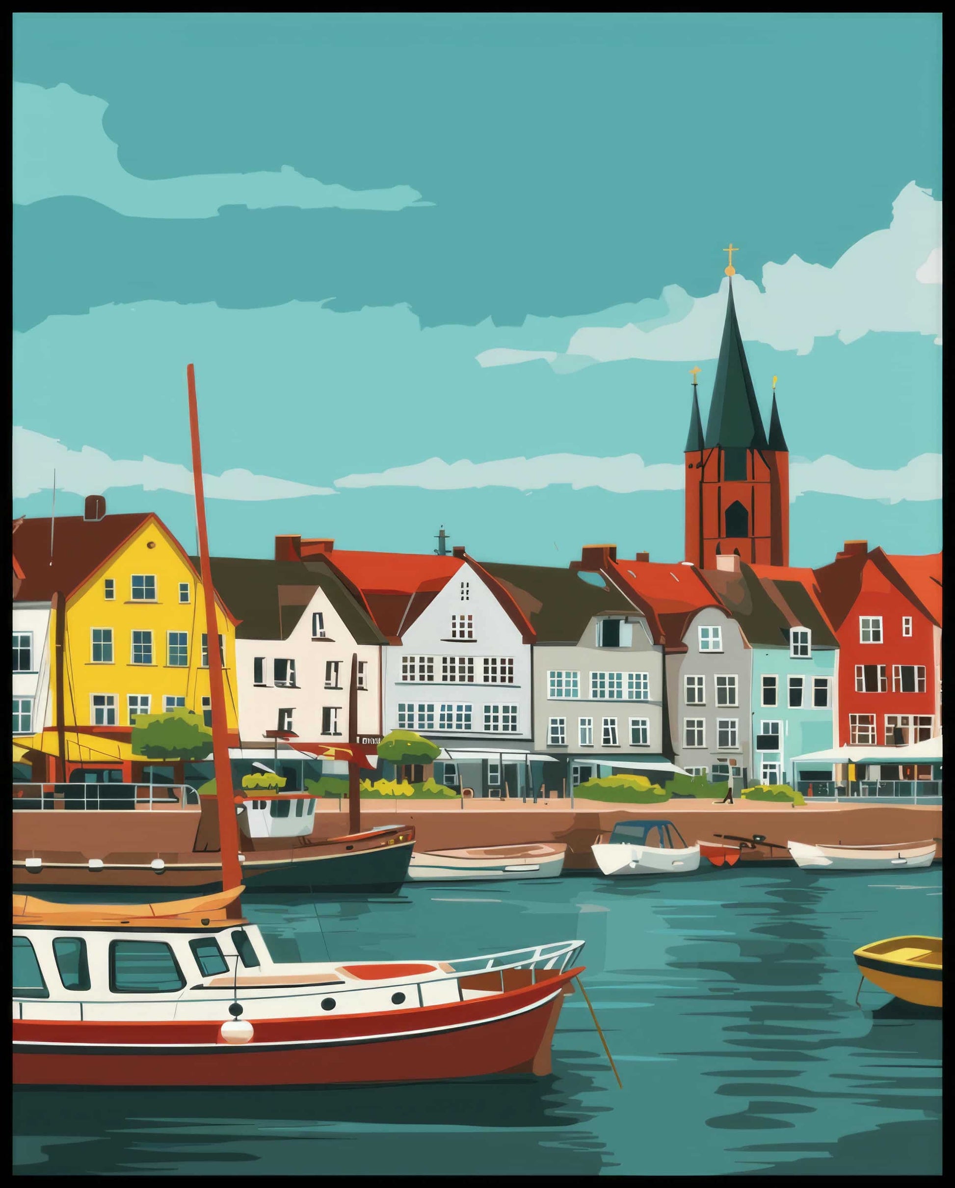 Ein Poster von Rostock zeigt bunte Häuser und Boote im Hafen vor dem Hintergrund einer Kirche.