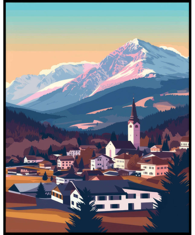 Ein Poster von Seefeld, das eine idyllische Ansicht eines Dorfes vor einer beeindruckenden Bergkulisse zeigt.