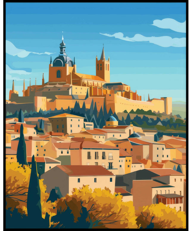 Ein Poster von Segovia, das eine malerische Darstellung der Stadt mit ihrer majestätischen Kathedrale zeigt.