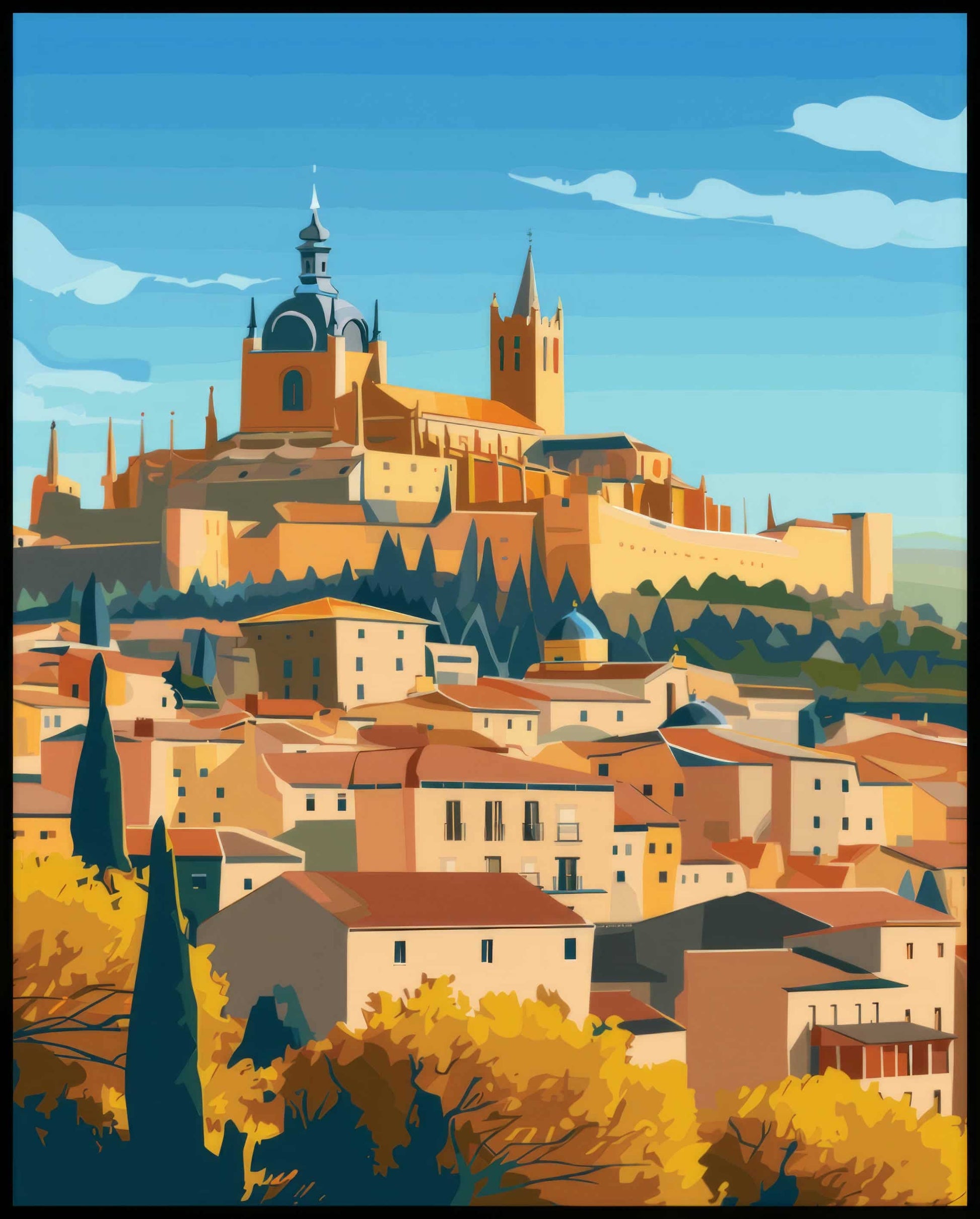 Ein Poster von Segovia, das eine malerische Darstellung der Stadt mit ihrer majestätischen Kathedrale zeigt.