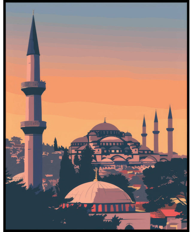 Ein Poster von Selçuk, das eine stilisierte Darstellung einer Stadt mit Minaretten und einer Moschee im Sonnenuntergang zeigt.