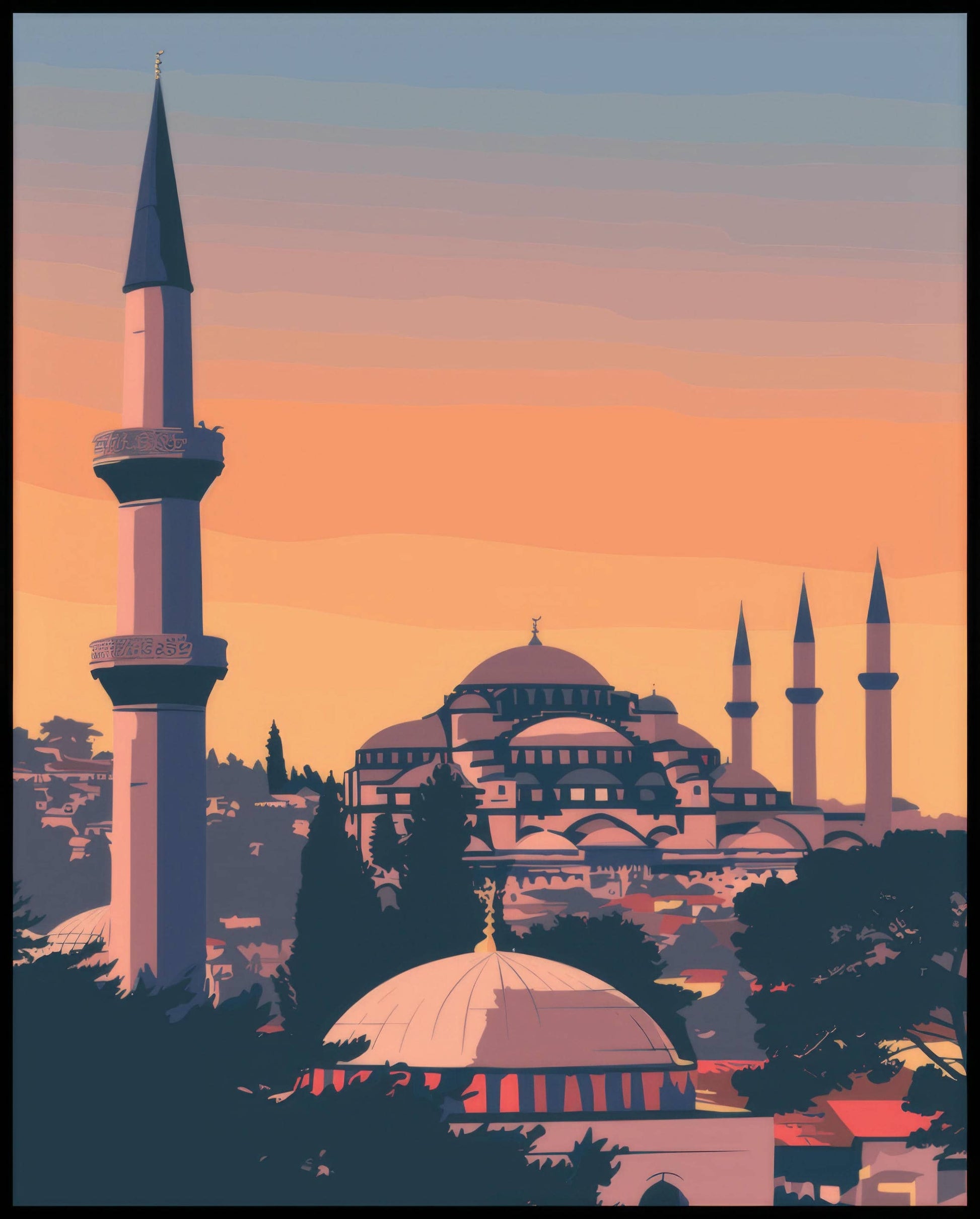 Ein Poster von Selçuk, das eine stilisierte Darstellung einer Stadt mit Minaretten und einer Moschee im Sonnenuntergang zeigt.