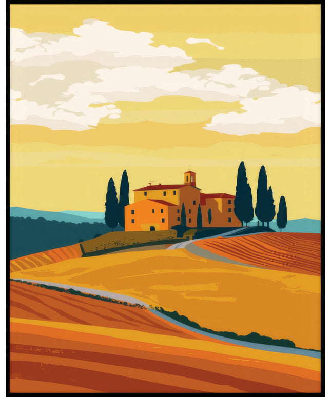 Ein Poster von einer toskanischen Landschaft mit einem Bauernhaus auf einem Hügel, umgeben von Zypressen.