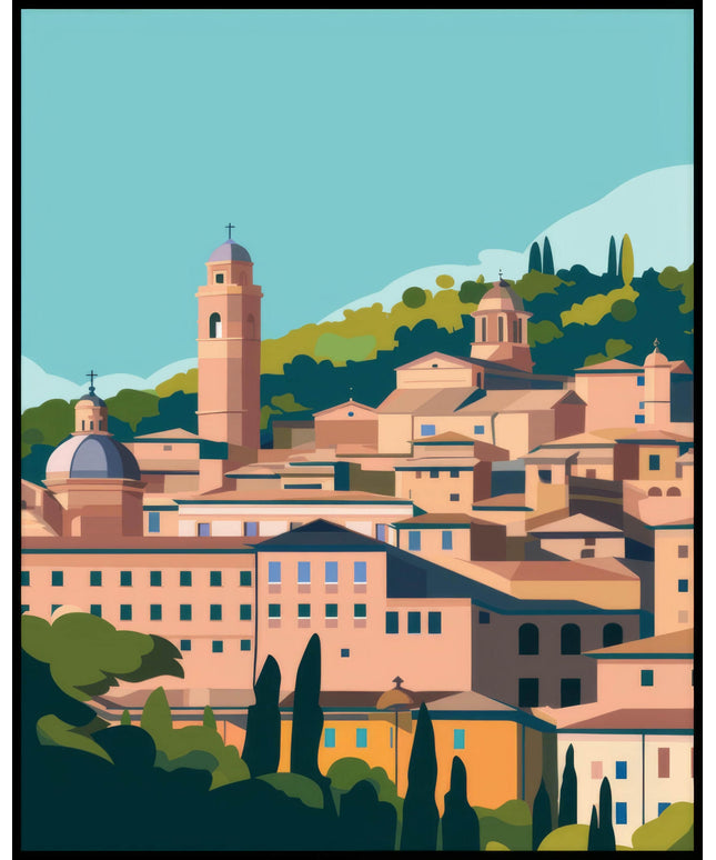 Ein Poster von einer Stadt mit vielen historischen Gebäuden und Türmen, eingebettet in eine hügelige Landschaft.