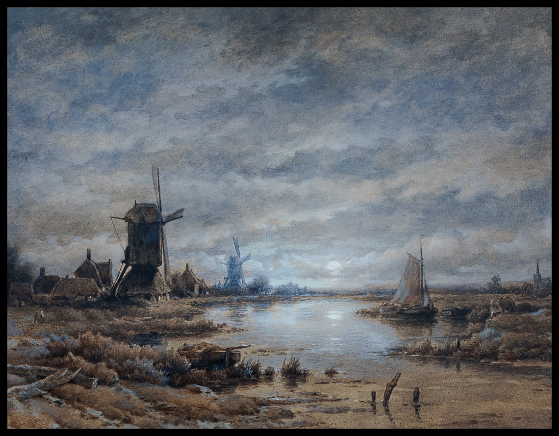 Mondnacht, Kanallandschaft mit Windmühlen und Schiffen