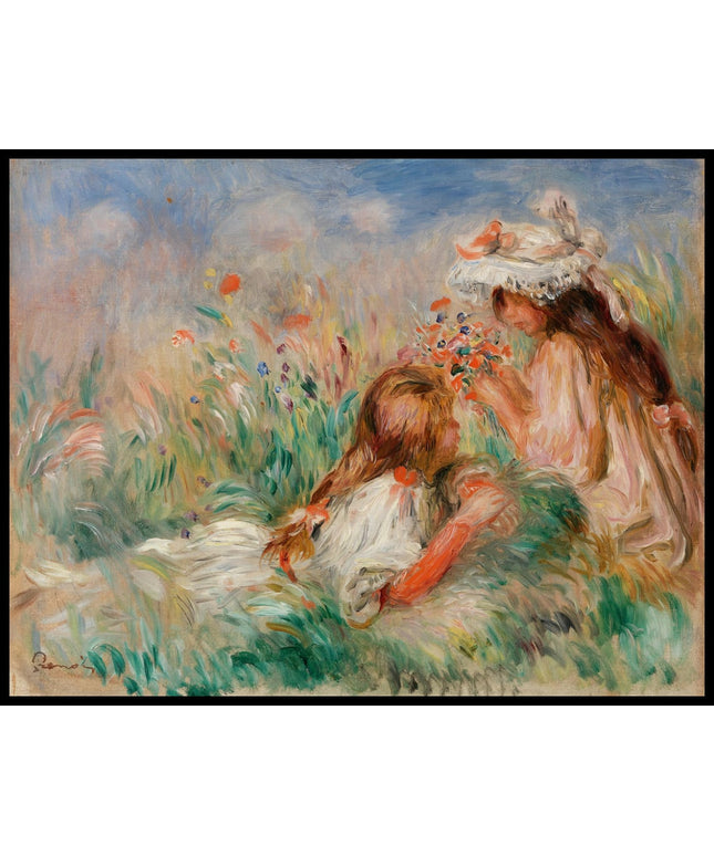 Girls in the Grass Arranging a Bouquet