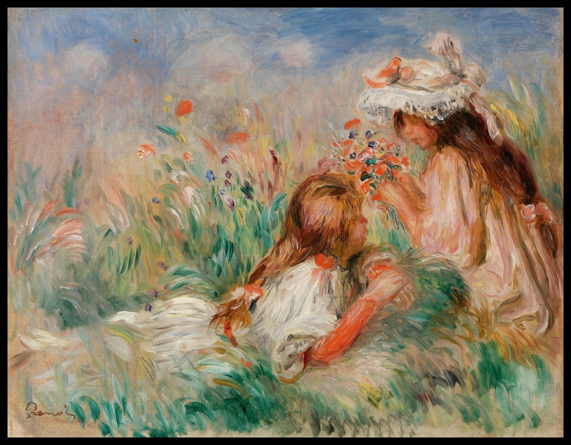 Girls in the Grass Arranging a Bouquet