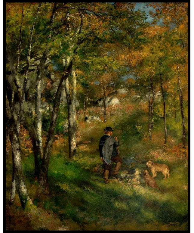 Le peintre Jules Le Coeur et ses chiens dans la forêt de Fontainebleau