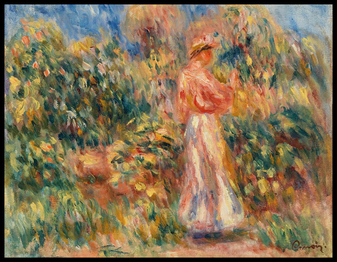 Paysage avec femme en rose et blanc