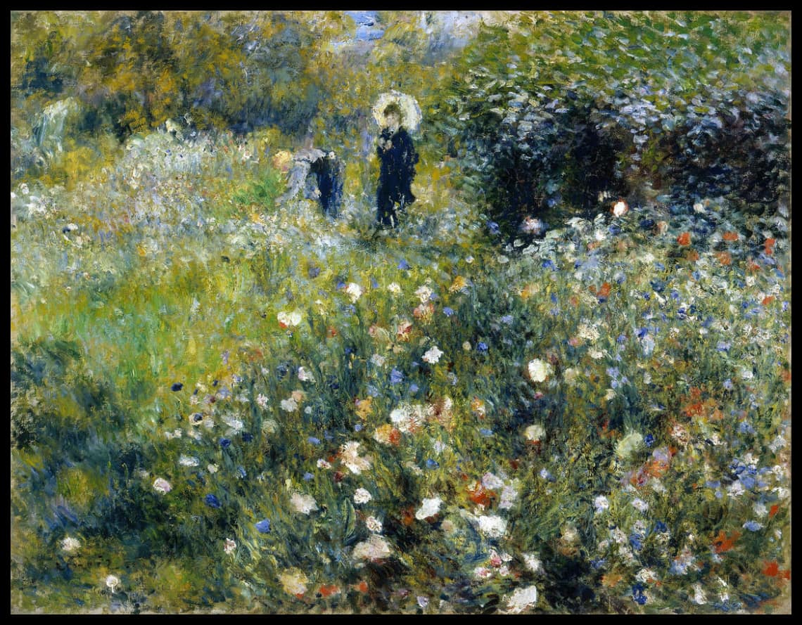 Femme avec un parasol dans un jardin