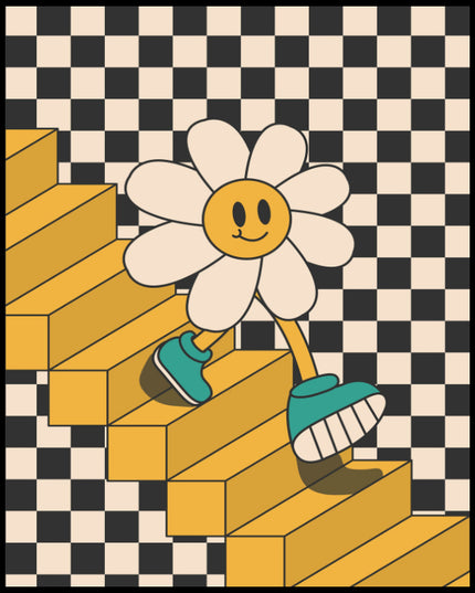 Ein Poster mit einer fröhlichen Blume, die Turnschuhe trägt und eine Treppe hinaufgeht, vor einem Schachbrettmuster-Hintergrund.