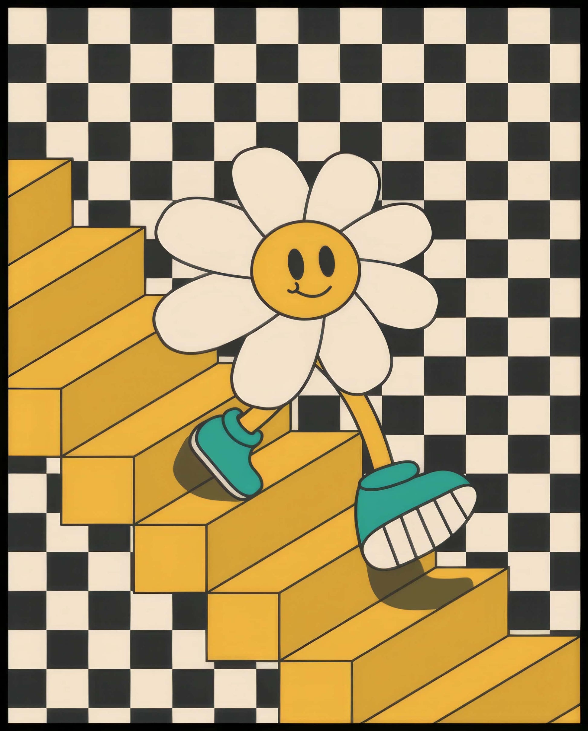 Ein Poster mit einer fröhlichen Blume, die Turnschuhe trägt und eine Treppe hinaufgeht, vor einem Schachbrettmuster-Hintergrund.