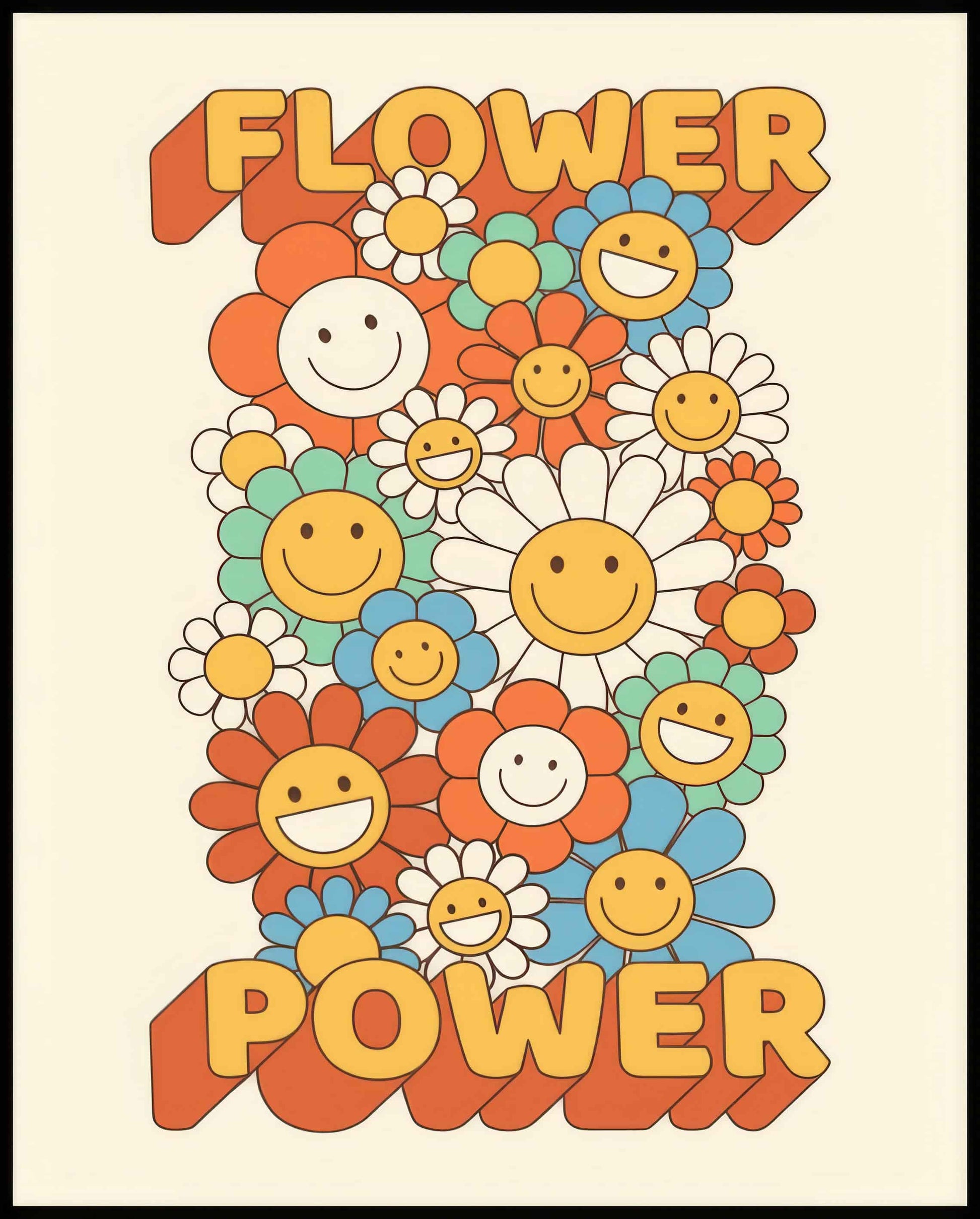 Ein Poster von einem Retro-Blumen-Muster mit quadratisch angeordneten, bunten Blumen und dem Schriftzug "Flower Power".