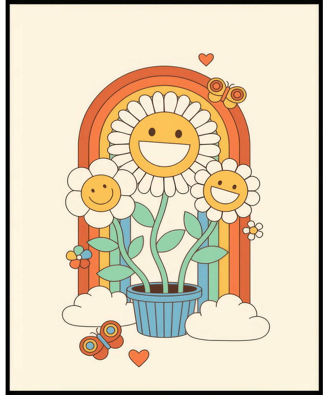 Ein Poster mit fröhlichen Blumen in einem Blumentopf, umrahmt von einem Regenbogen und Schmetterlingen.