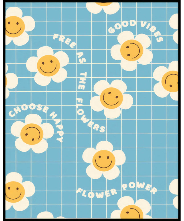 Ein Poster von Retro-Blumen zeigt lächelnde Gänseblümchen mit positiven Botschaften wie "Good Vibes" und "Choose Happy".
