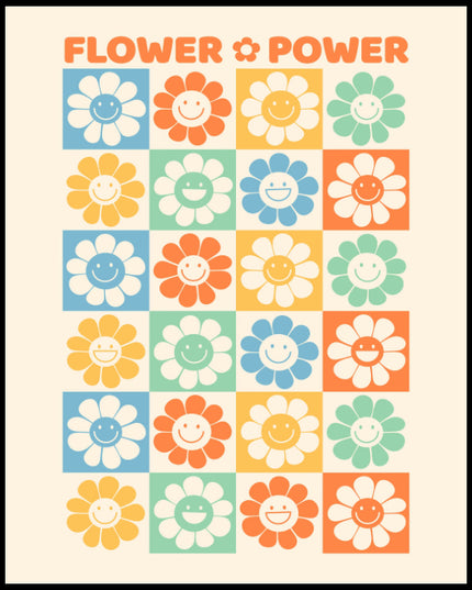 Ein Poster von einer Retro-Blumen-Muster-Illustration mit lächelnden Blumen und dem Schriftzug "Flower Power".