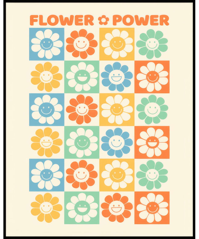 Ein Poster von einer Retro-Blumen-Muster-Illustration mit lächelnden Blumen und dem Schriftzug "Flower Power".