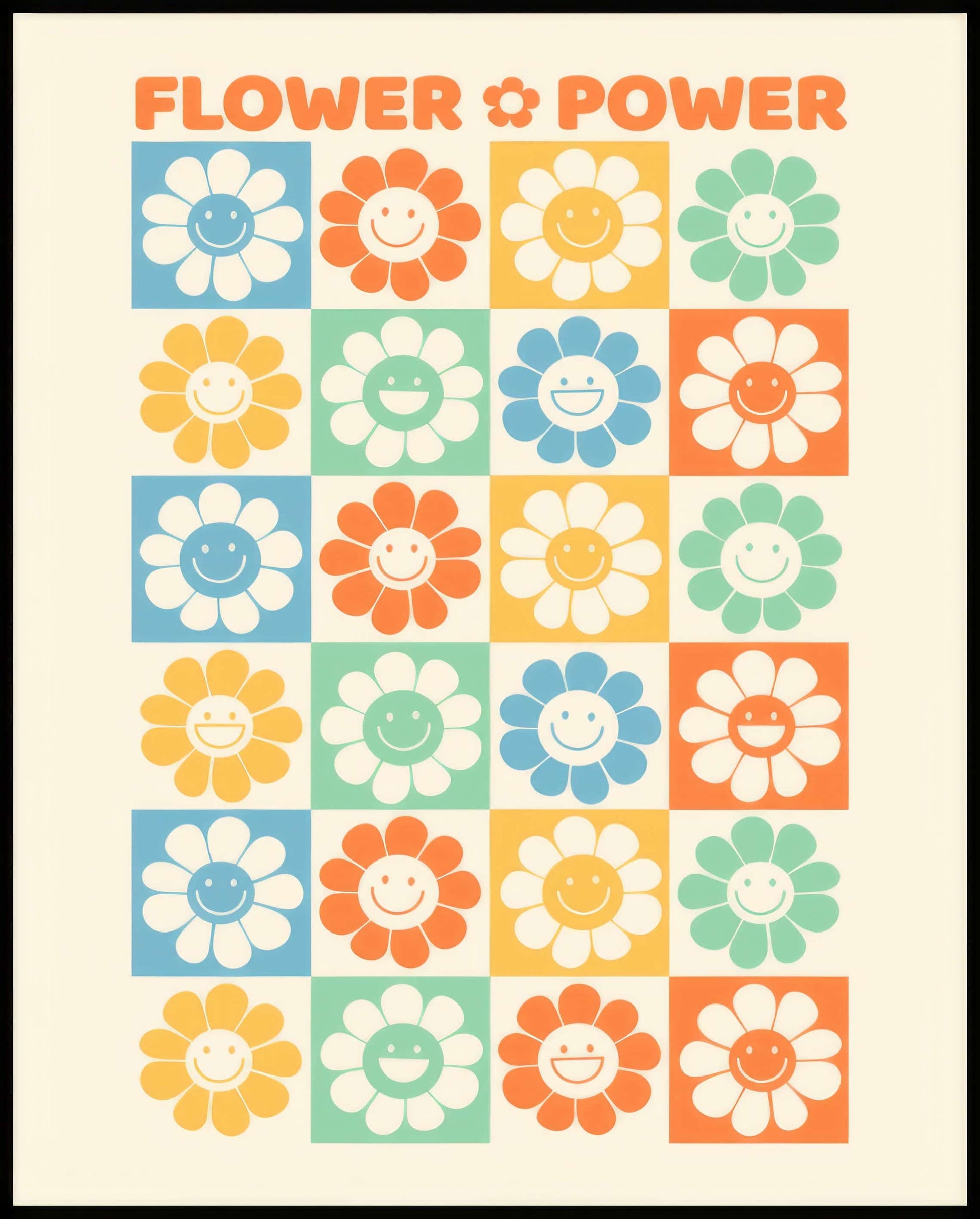 Ein Poster von einer Retro-Blumen-Muster-Illustration mit lächelnden Blumen und dem Schriftzug "Flower Power".