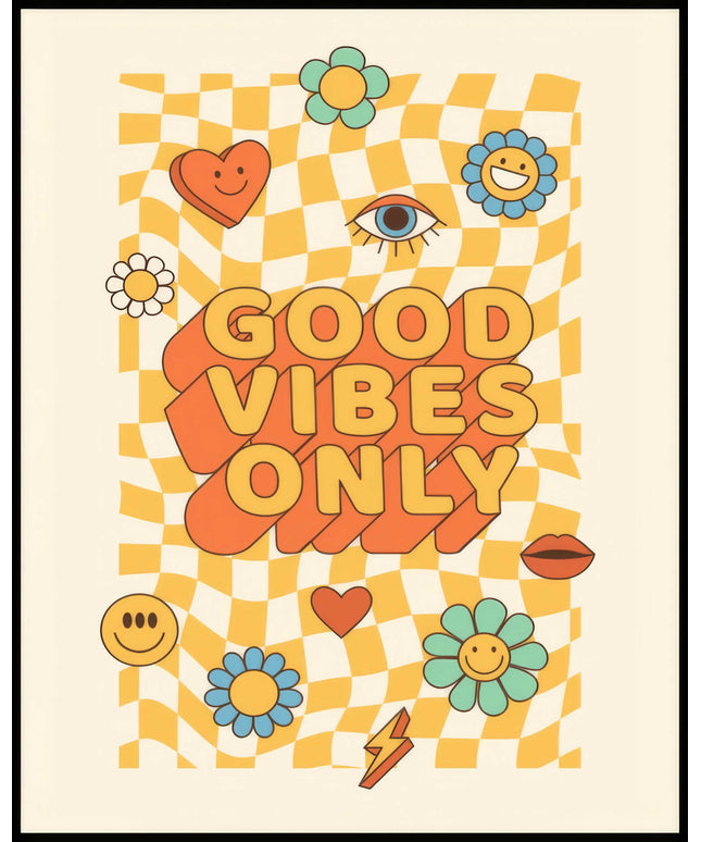 Ein Poster von einem Retro-Schriftzug "Good Vibes Only" mit bunten, fröhlichen Symbolen und Formen.