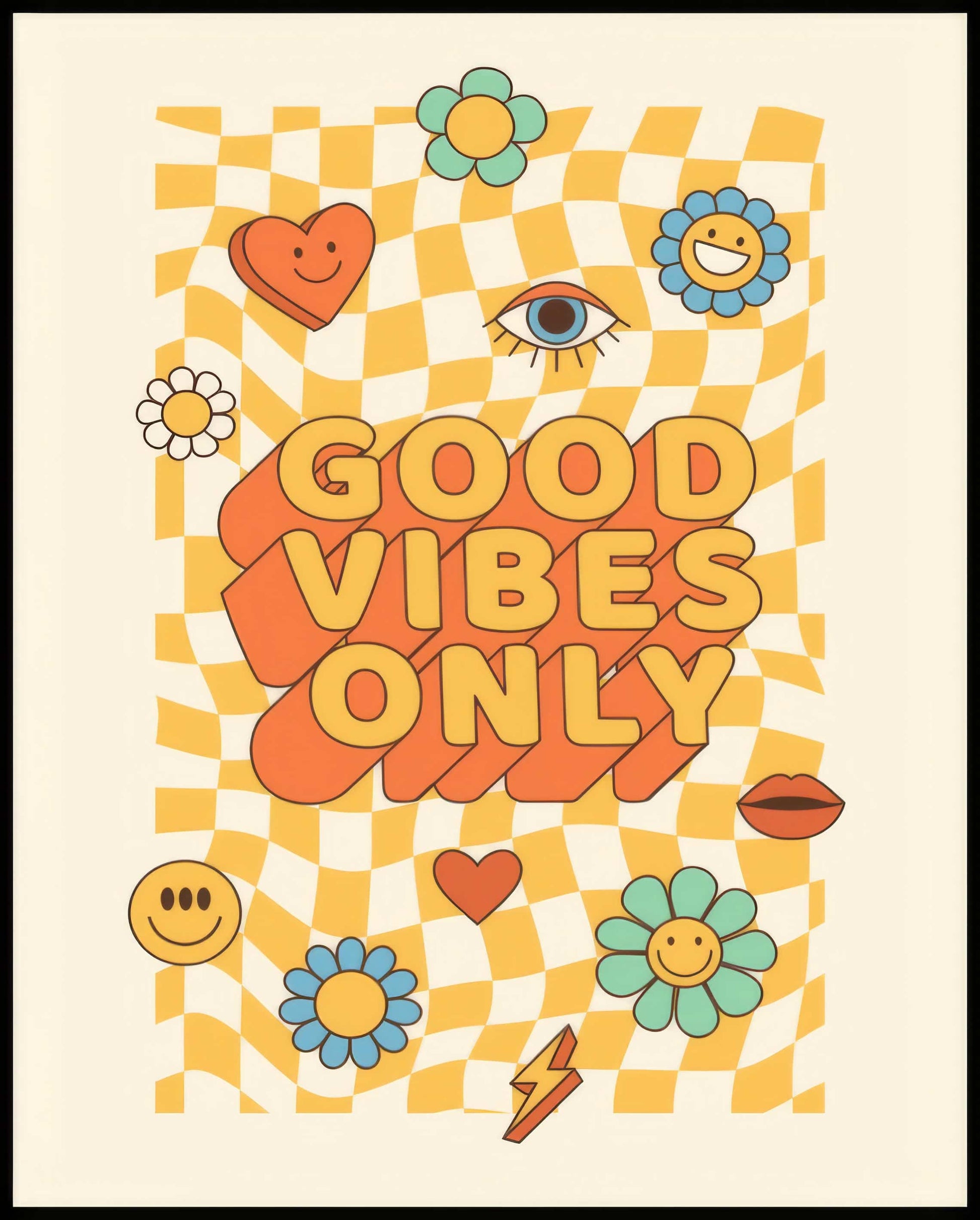 Ein Poster von einem Retro-Schriftzug "Good Vibes Only" mit bunten, fröhlichen Symbolen und Formen.