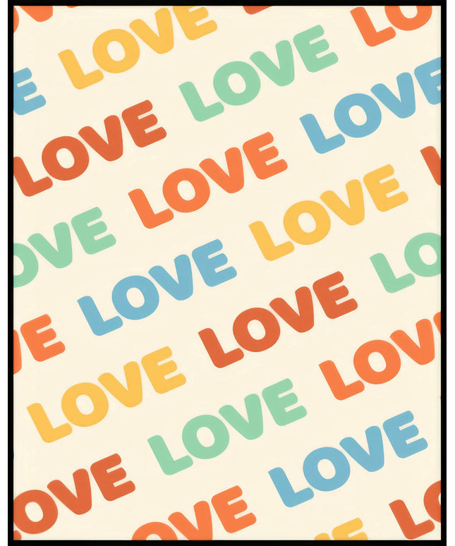 Ein Poster von einem Retro-Schriftzug "Love" mit bunten, wiederholten Buchstaben auf hellem Hintergrund.
