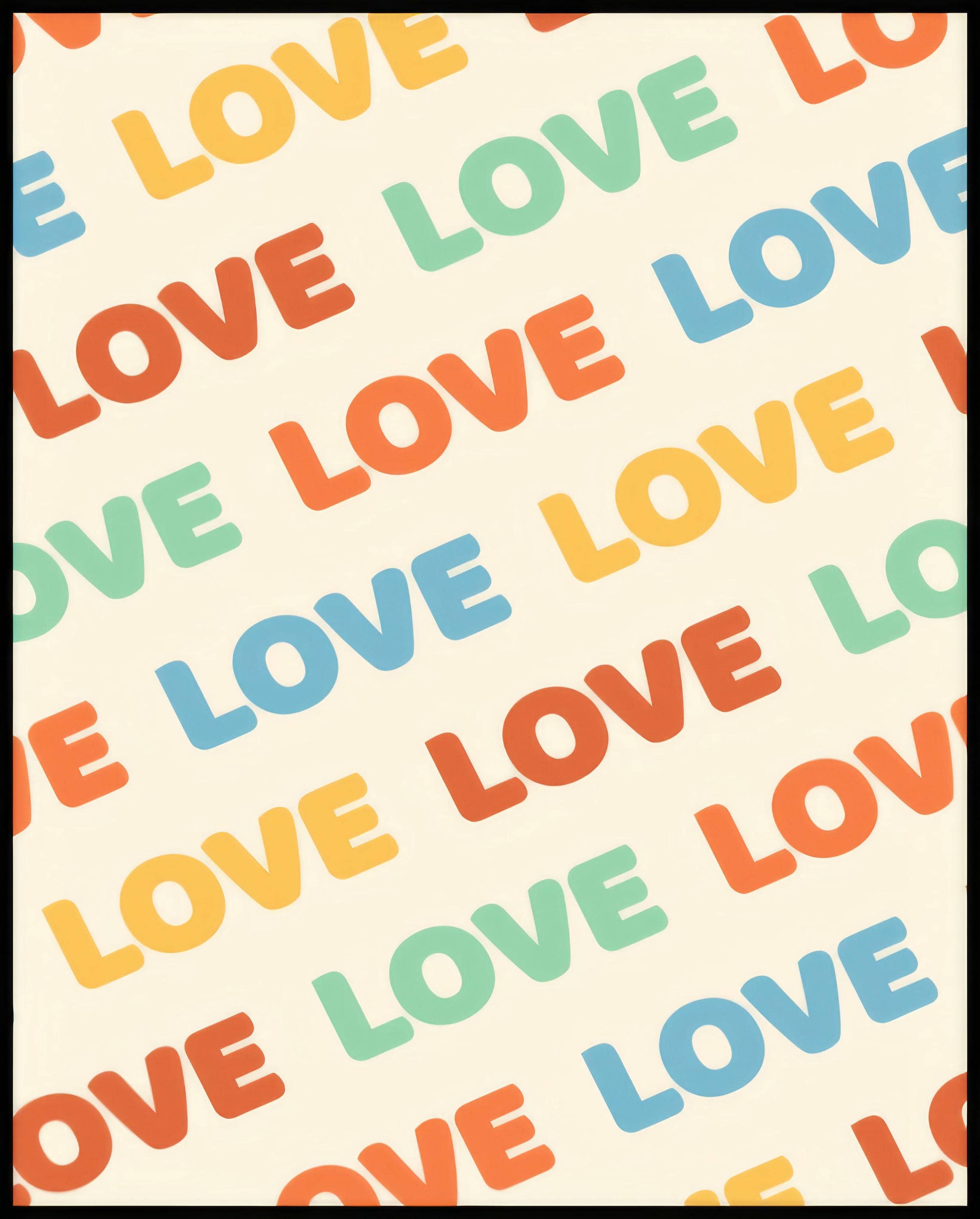 Ein Poster von einem Retro-Schriftzug "Love" mit bunten, wiederholten Buchstaben auf hellem Hintergrund.
