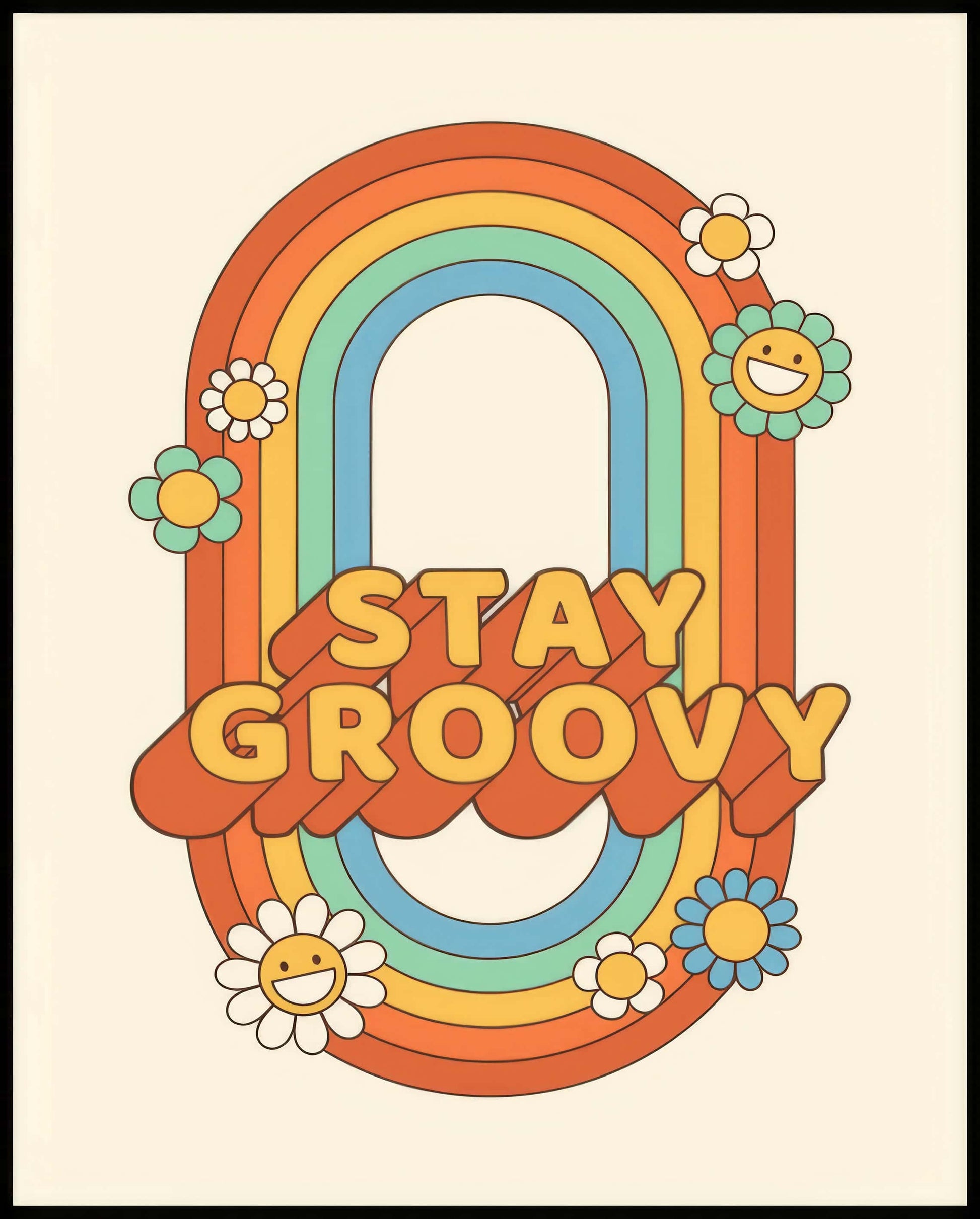 Ein Poster von einem Retro-Schriftzug "Stay Groovy" mit bunten Regenbogenfarben und Blumen.