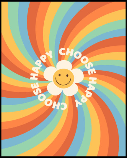 Ein Poster von einem Retro-Smiley und einem Regenbogen mit dem Text "Choose Happy".