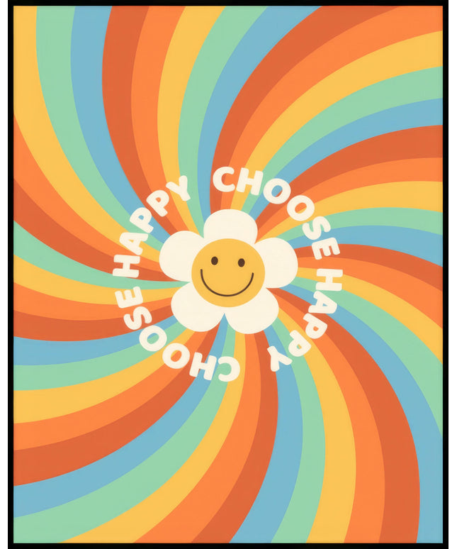 Ein Poster von einem Retro-Smiley und einem Regenbogen mit dem Text "Choose Happy".