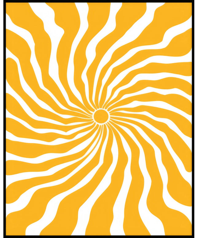 Ein Poster von einer retro-inspirierten Sonnenillustration in Gelb und Weiß, mit strahlenförmigen Linien, die sich vom Zentrum aus erstrecken.