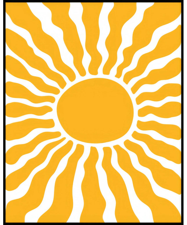 Ein Poster von einer weiteren abstrakten, gelben und weißen Sonnenzeichnung mit einer großen Sonne im Zentrum und wellenförmigen Strahlen.