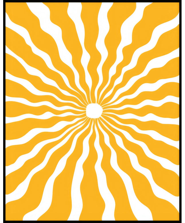 Ein Poster von einer abstrakten, gelben und weißen Sonnenmuster-Illustration mit wellenförmigen Strahlen.