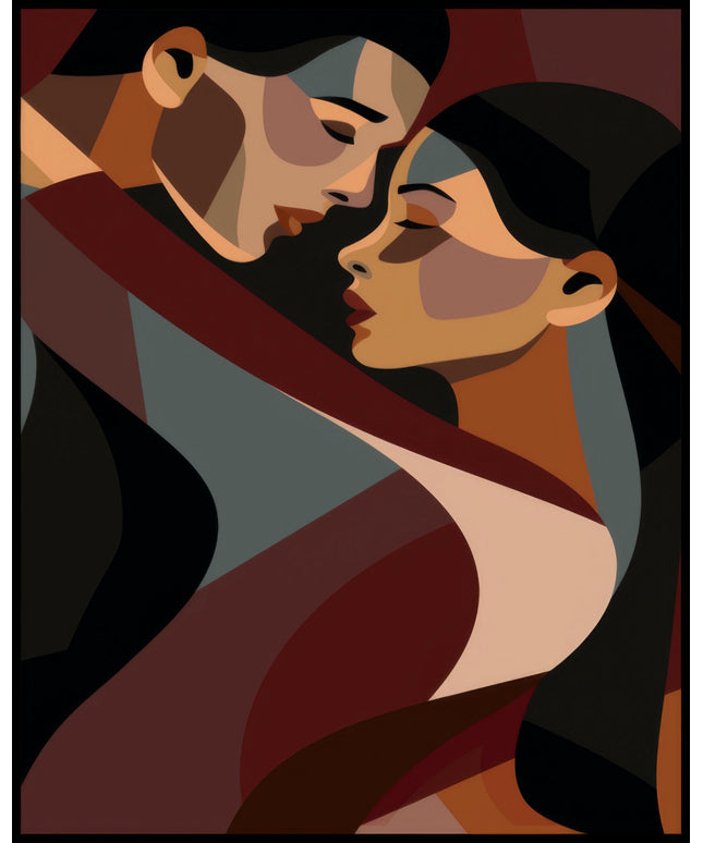 Ein Poster im Retro-Stil zeigt ein umarmendes Paar in abstrakten Farben und Formen, das Nähe und Intimität ausdrückt.