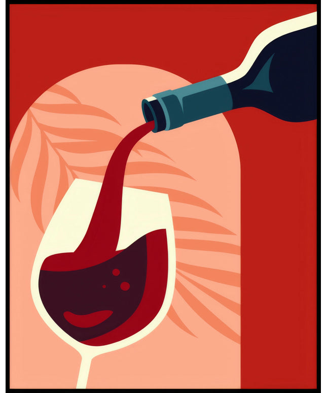Ein Poster von einer stilisierten Illustration, bei der Rotwein aus einer Flasche in ein Weinglas gegossen wird.