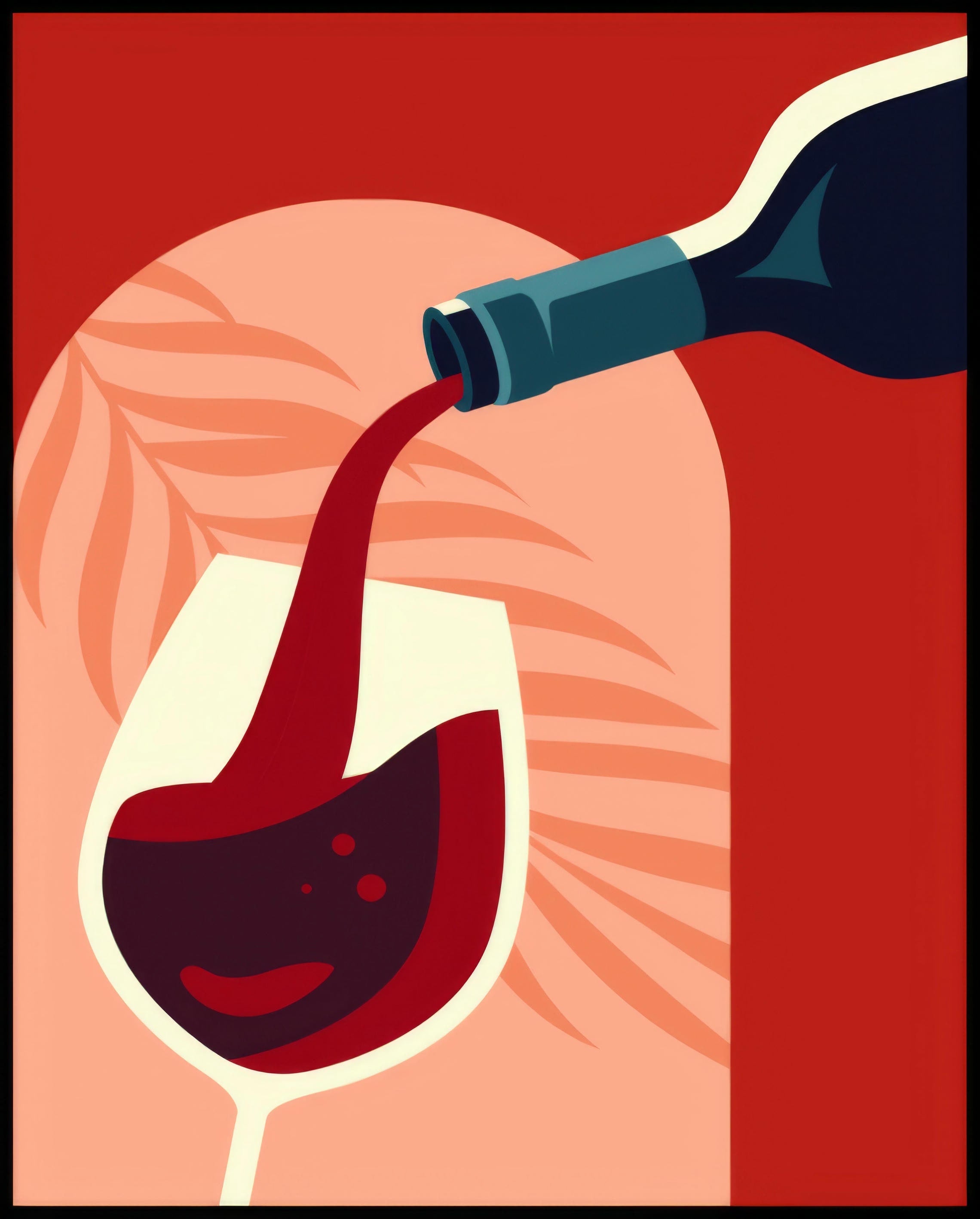 Ein Poster von einer stilisierten Illustration, bei der Rotwein aus einer Flasche in ein Weinglas gegossen wird.