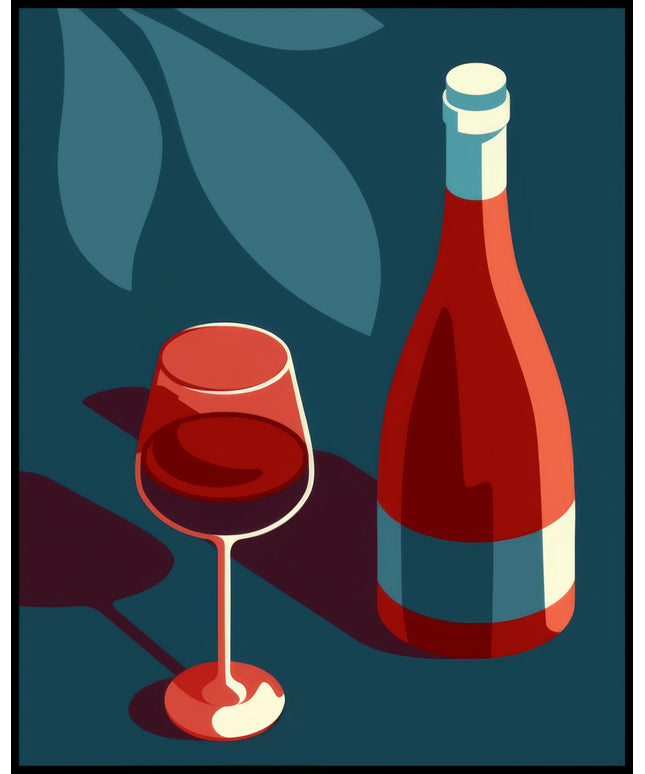 Ein Poster im Retro-Stil zeigt eine Weinflasche und ein gefülltes Weinglas auf einem dunklen Hintergrund mit abstrakten Formen.