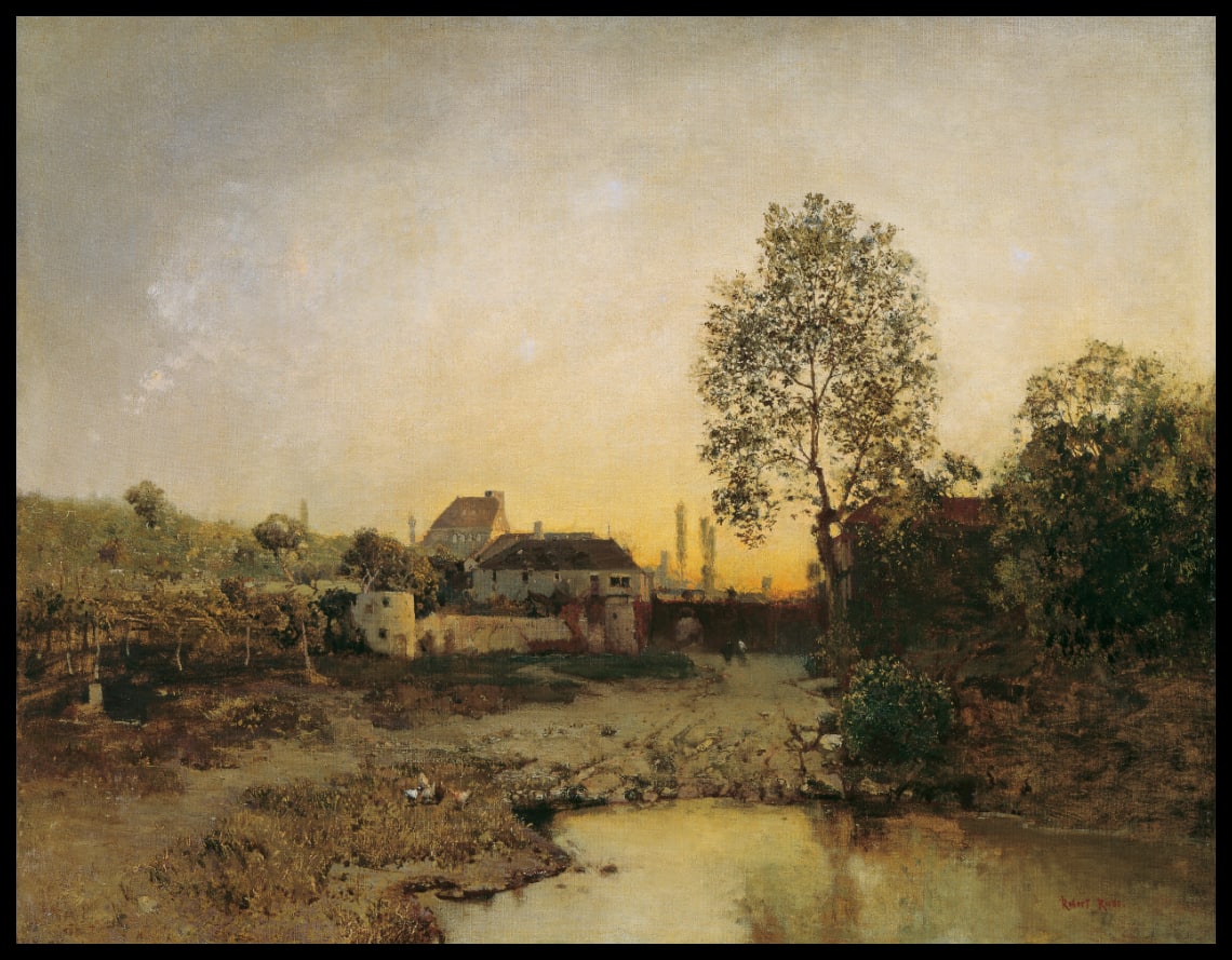 Landschaft mit Weiher und Gehöften