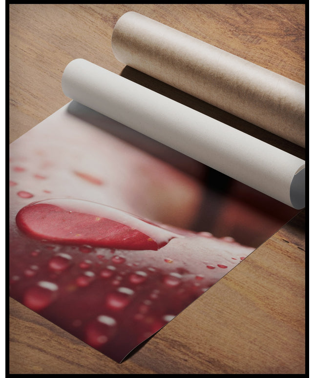 Ein Poster von einem roten Apfel mit Wassertropfen in Nahaufnahme, gerollt auf einer Holzoberfläche liegend